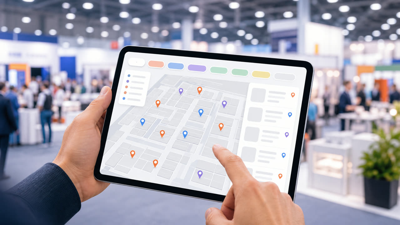 A tablet showing a searchable digital event floor map with booth pins
